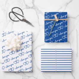 Ik hou van je Valentijn Blue Hearts Stripes Inpakpapier Vel