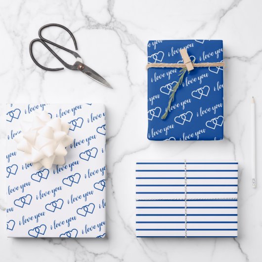 Ik hou van je Valentijn Blue Hearts Stripes Inpakpapier Vel (Voorkant)