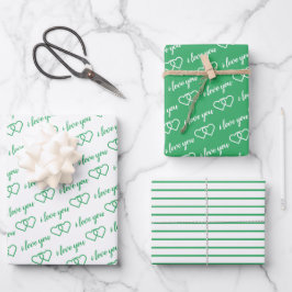 Ik hou van je Valentijn Green Hearts Stripes Inpakpapier Vel