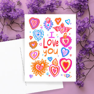 IK HOU VAN JE Valentijn Kleurrijke grillige HARTEN Briefkaart