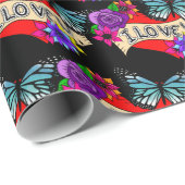 Ik hou van je | Valentijnsdag Hart en Roos Cadeaupapier (Rol Hoek)