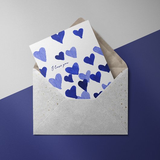 Ik hou van je Watercolor Hearts – blauwe kaart