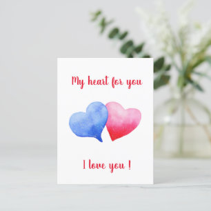 Ik hou van je waterverf rood en blauw hart briefkaart