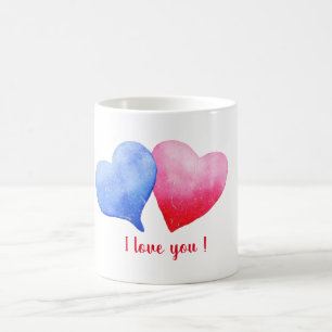 Ik hou van je waterverf rood en blauw hart koffiemok