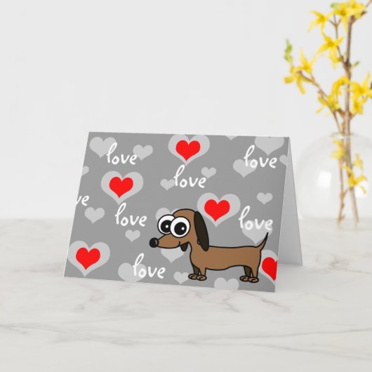 Ik hou van je Wenskaart met Cartoon Dachshund Kaart (Gele Bloem)