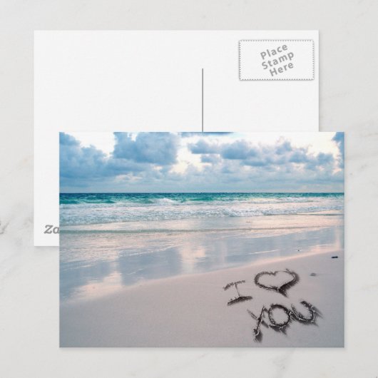 Ik hou van je, zand die op het strand schrijft briefkaart (Voorkant / Achterkant)