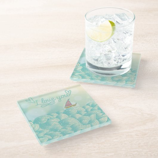 Ik hou van je zeilboot glazen onderzetter (Schuin)