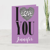 Ik hou van je zwart-wit gestreept hart op paars feestdagen kaart (Voorkant)