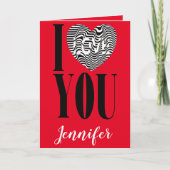 Ik hou van je zwart-wit gestreept hart op rood feestdagen kaart (Voorkant)