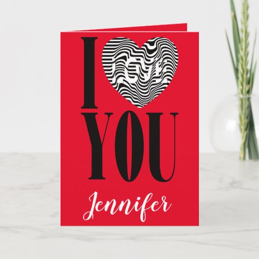 Ik hou van je zwart-wit gestreept hart op rood feestdagen kaart (Voorkant)
