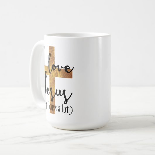 Ik hou van Jezus (maar ik heb veel)Mok Koffiemok (Voorkant links)