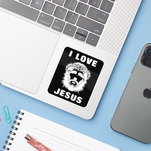 Ik hou van Jezus (wit) Sticker (Laptop met iPhone)