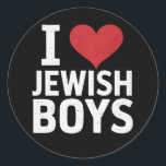 Ik hou van joodse jongens Ik hart joodse jongens C Ronde Sticker<br><div class="desc">Ik hou van joodse jongens Ik hart joodse jongens Chanoeka</div>