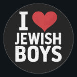 Ik hou van joodse jongens Ik hart joodse jongens C Ronde Sticker<br><div class="desc">Ik hou van joodse jongens Ik hart joodse jongens Chanoeka</div>