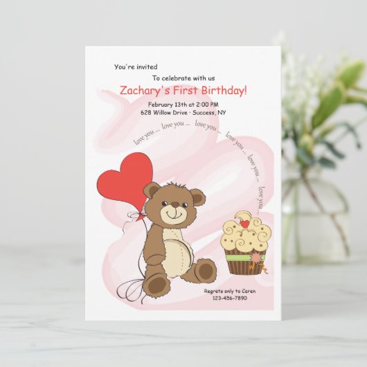 Ik hou van jou Beer Eerste Verjaardagsuitnodiging Kaart (Staand voorkant)