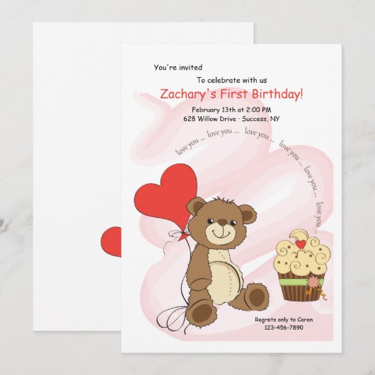 Ik hou van jou Beer Eerste Verjaardagsuitnodiging Kaart (Voorkant / Achterkant)