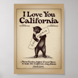 Ik hou van jou Californië Beer Knuffelende Kaart Poster