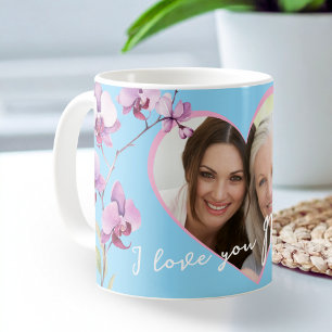 Ik hou van jou mama baby blauwe orchidee hart foto koffiemok