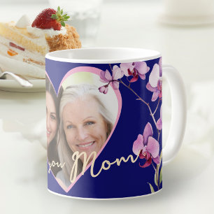 Ik hou van jou mama Navy Blauwe Orchidee Hart Foto Koffiemok