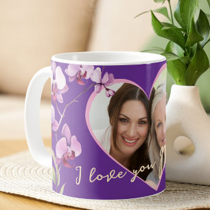 Ik hou van jou mama paarse orchidee hart foto koffiemok