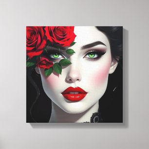 Ik hou van jou   Mooie vrouw met rode roos Canvas Afdruk