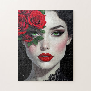 Ik hou van jou Mooie vrouw met rode roos Legpuzzel