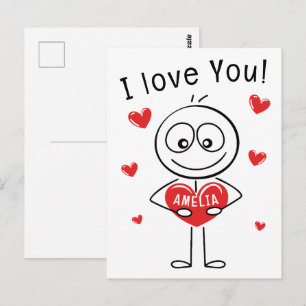 Ik Hou Van Jou Stick Figure Cute Hearts Naam Briefkaart