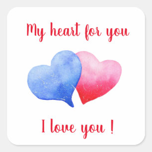 Ik hou van jou waterverf rood en blauw hart    vierkante sticker