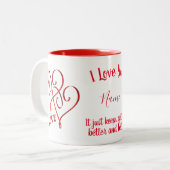 Ik hou van jullie geïntervenieerd rood hart, geper tweekleurige koffiemok (Voorkant links)