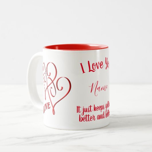 Ik hou van jullie geïntervenieerd rood hart, geper tweekleurige koffiemok (Voorkant links)