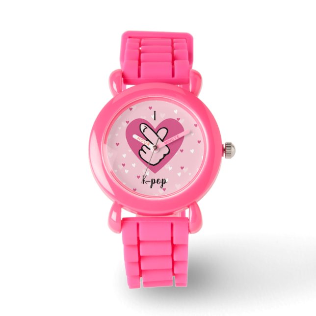 Ik hou van K-pop roze vingerkop zwartRoze Horloge (Voorkant)