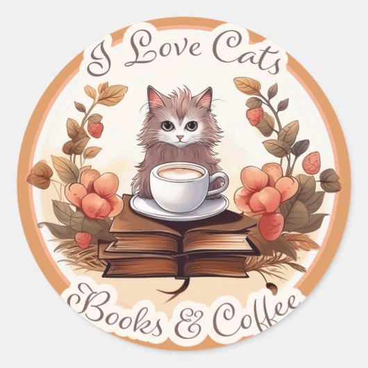 Ik hou van katten, boeken en koffie ronde sticker (Voorkant)