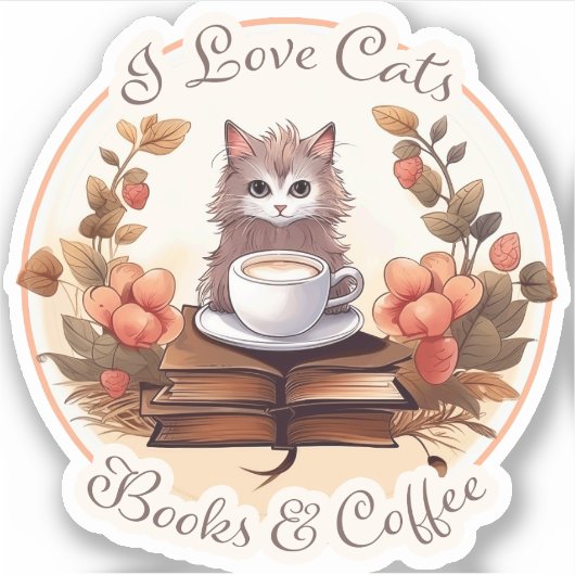 Ik hou van katten, boeken en koffie sticker (Voorkant)