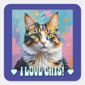 Ik hou van katten! vierkante sticker (Voorkant)
