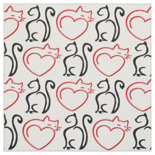 Ik hou van katten! (zwart en rood op wit) stof