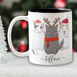 Ik hou van kerstkatten Personeel met naam Tweekleurige Koffiemok