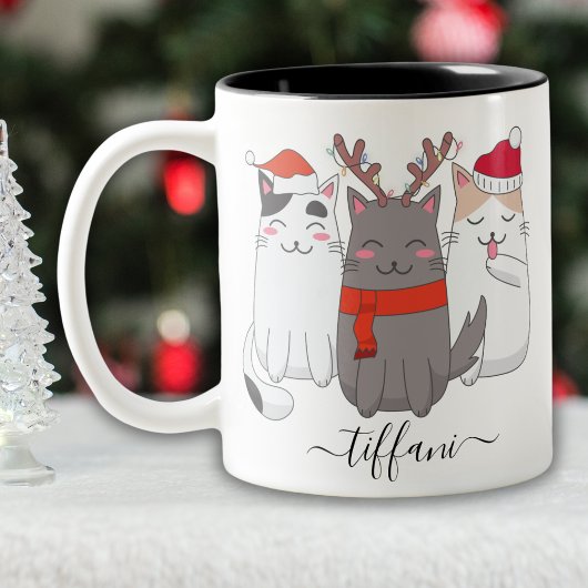 Ik hou van kerstkatten Personeel met naam Tweekleurige Koffiemok