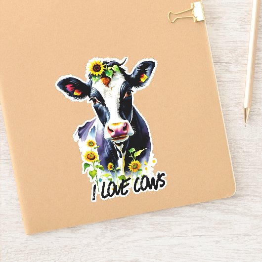 Ik hou van Koeien Holstein Koe in Zonnebloemen Sticker (Notitieboek)