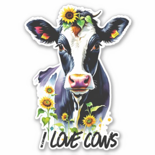 Ik hou van Koeien Holstein Koe in Zonnebloemen Sticker (Voorkant)