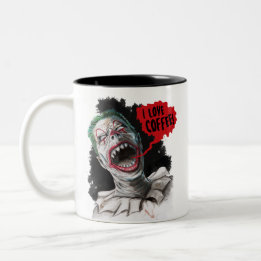 Ik hou van Koffee Crazy die Zombie Clown lacht Tweekleurige Koffiemok