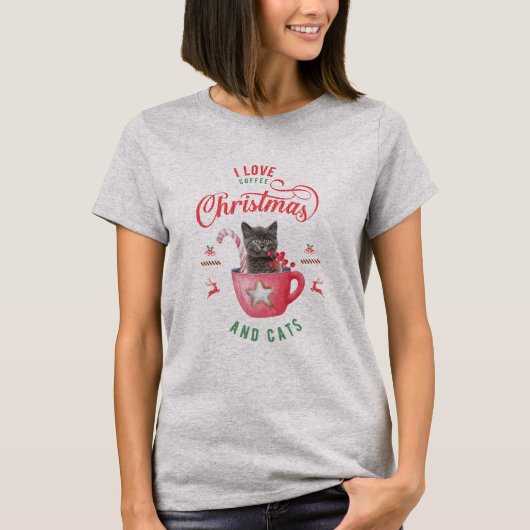 ik hou van koffie kerst en katten vreugdevolle gro t-shirt (Voorkant)