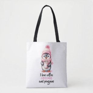 Ik hou van koffie Kerstmis en pinguïns in roze Tote Bag