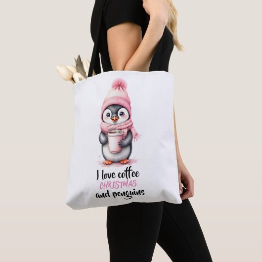 Ik hou van koffie Kerstmis en pinguïns in roze Tote Bag (Dichtbij)