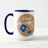 "Ik hou van koffie!" Mok, marineblauw handvat & bi Mok (Links)