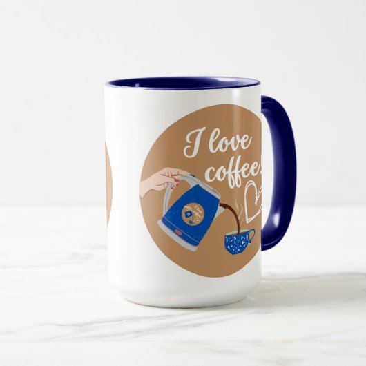 "Ik hou van koffie!" Mok, marineblauw handvat & bi Mok (Voorkant rechts)