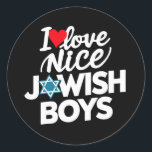 Ik hou van leuke joodse jongens joden Hebreeën Cha Ronde Sticker<br><div class="desc">Ik hou van leuke joodse jongens joden Hebreeën Israëlieten Chanoeka</div>