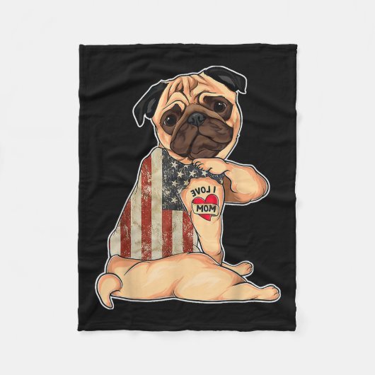 Ik hou van mam Tattoo Pug Dog Shirt American Flag  Fleece Deken (Voorkant)