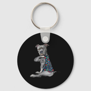 Ik hou van mama grappige Pitbull Dog Tattoo Flower Sleutelhanger