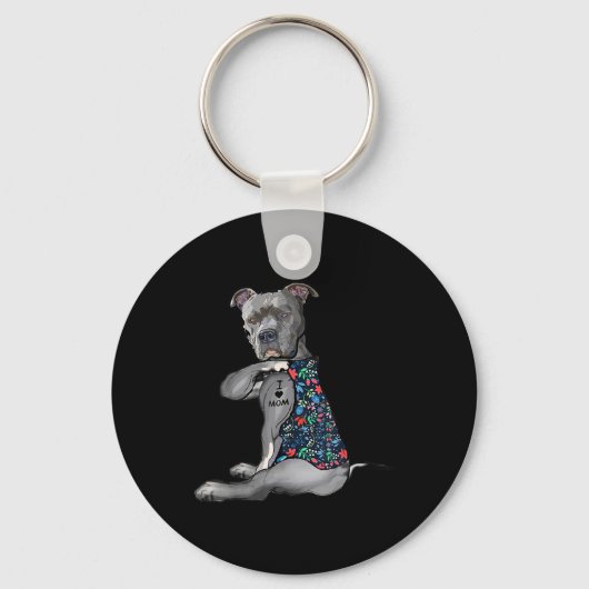 Ik hou van mama grappige Pitbull Dog Tattoo Flower Sleutelhanger (Voorkant)