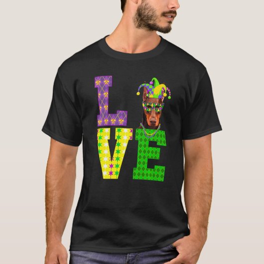Ik hou van Mardi Gras Doberman Dog Mannen Vrouwen  T-shirt (Voorkant)